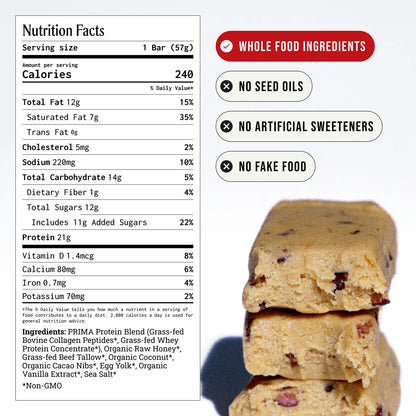 PRIMA Cookie Dough Protein Bar | 21g Grass Fed Whey and Collagen | No Seed Oils, No Preservatives, Raw Honey Sweetened | 7 Pack PRIMA ANCESTRAL PROTEIN BAR