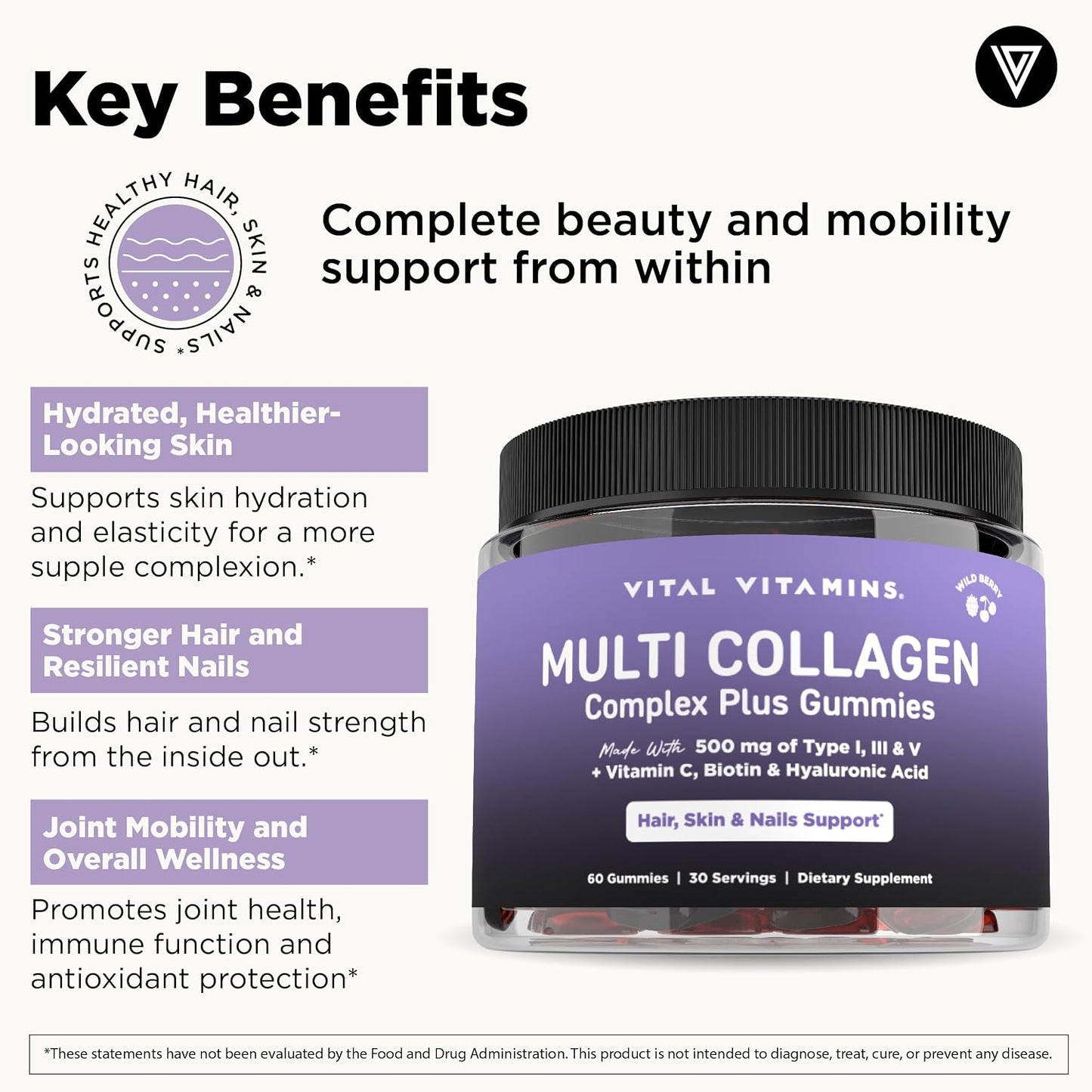 Vital Vitamins Multi Collagen Complex Plus Gummies - Collagen Peptides Types I, III & V with Hyaluronic Acid, Biotin, Vitamin C & Vitamin D - Hair, Skin & Nail Support - Wild Berry - 60 Count Gsupps Australia