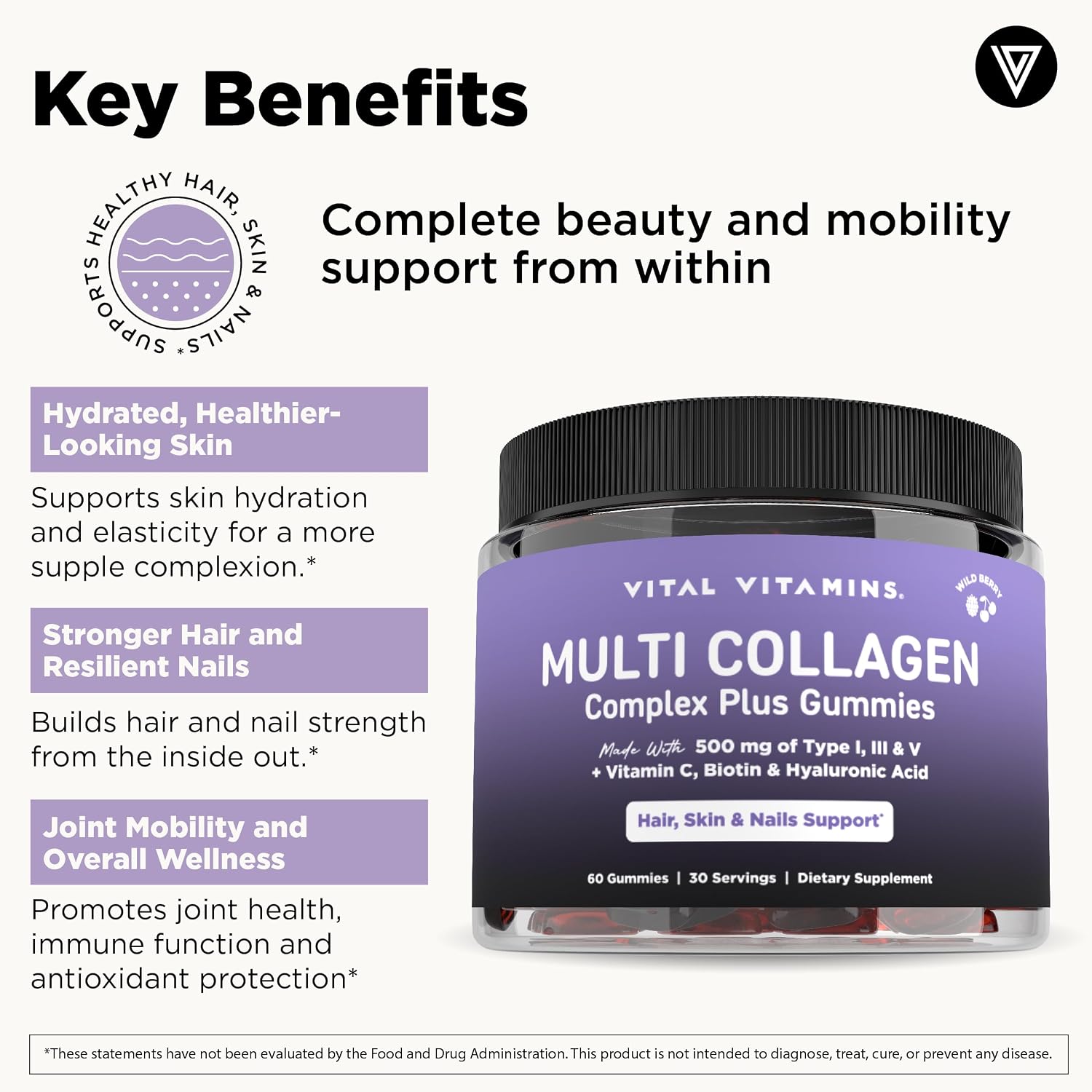 Vital Vitamins Multi Collagen Complex Plus Gummies - Collagen Peptides Types I, III & V with Hyaluronic Acid, Biotin, Vitamin C & Vitamin D - Hair, Skin & Nail Support - Wild Berry - 60 Count Gsupps Australia