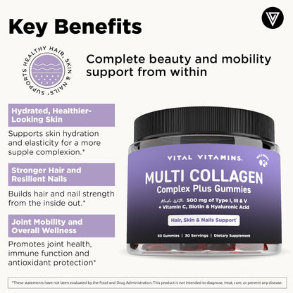 Vital Vitamins Multi Collagen Complex Plus Gummies - Collagen Peptides Types I, III & V with Hyaluronic Acid, Biotin, Vitamin C & Vitamin D - Hair, Skin & Nail Support - Wild Berry - 60 Count Gsupps Australia