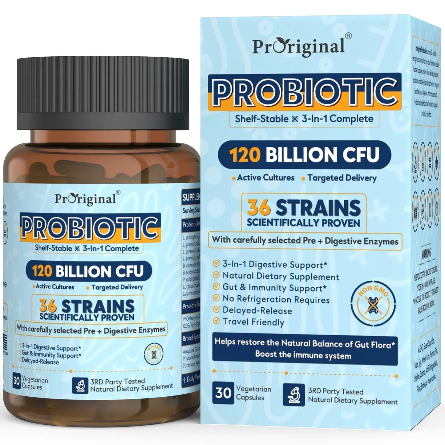 Probiotics for Women & Men 120 Billion CFU with 36 Probiotic Strains for Digestive Health and Gut Health, Delayed Release Capsules, Stomach Acid Resistant, Proriginal