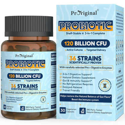 Probiotics for Women & Men 120 Billion CFU with 36 Probiotic Strains for Digestive Health and Gut Health, Delayed Release Capsules, Stomach Acid Resistant, Proriginal