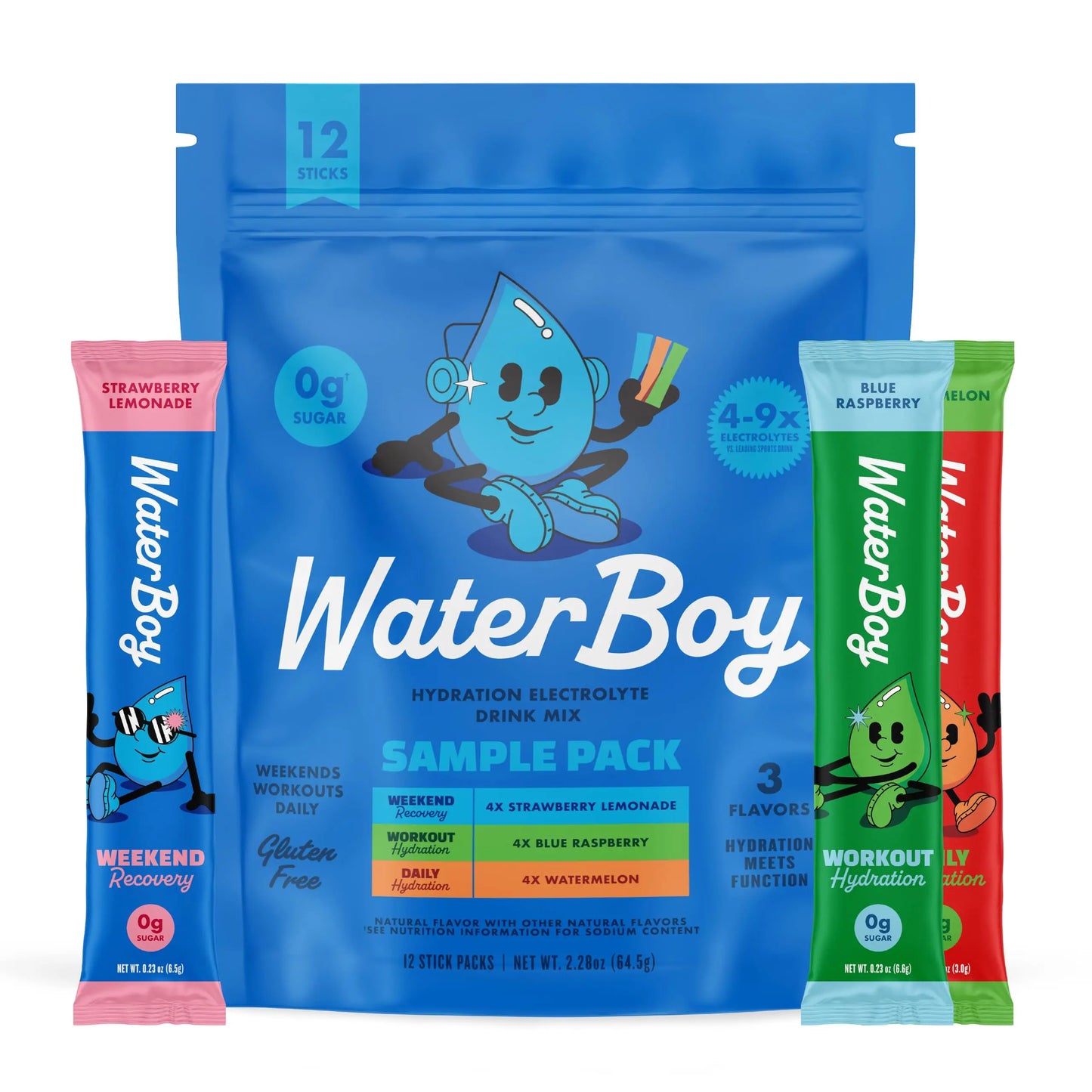 Waterboy Hydration Recovery Variety | 4-9x Electrolyte Powder Packets | Ginger + L-Theanine + L-Glutamine + Vitamins | No Sugar, All Natural, Gluten Free Waterboy