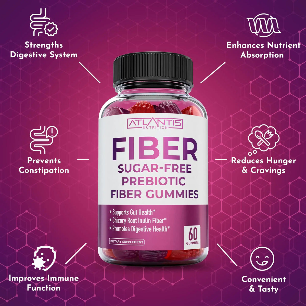 Atlantis Nutrition Sugar Free Fiber Gummies for Adults - 5G Fiber Supplement Formulated with 5.4G Prebiotic Digestive Blend/Serving - Supports Gut Health & Healthy Digestion Atlantis Nutrition