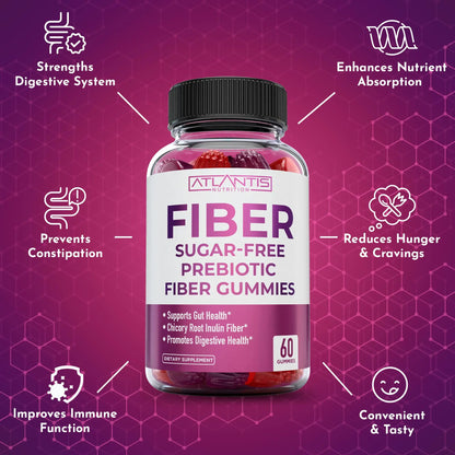 Atlantis Nutrition Sugar Free Fiber Gummies for Adults - 5G Fiber Supplement Formulated with 5.4G Prebiotic Digestive Blend/Serving - Supports Gut Health & Healthy Digestion Atlantis Nutrition