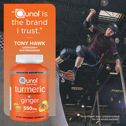 Qunol Turmeric and Ginger with Black Pepper Gummies, Turmeric Curcumin Supplement, Joint Health Support Gummy, 90ct Gummies Qunol