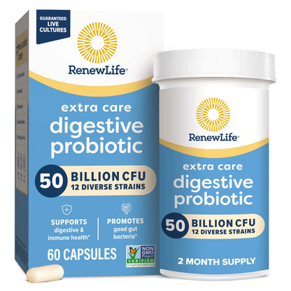 Renew Life Extra Care Digestive Probiotic Capsules, 50 Billion CFU Guaranteed, Daily Supplement Supports Immune, Digestive, Respiratory Health(1), L. Rhamnosus GG Renew Life