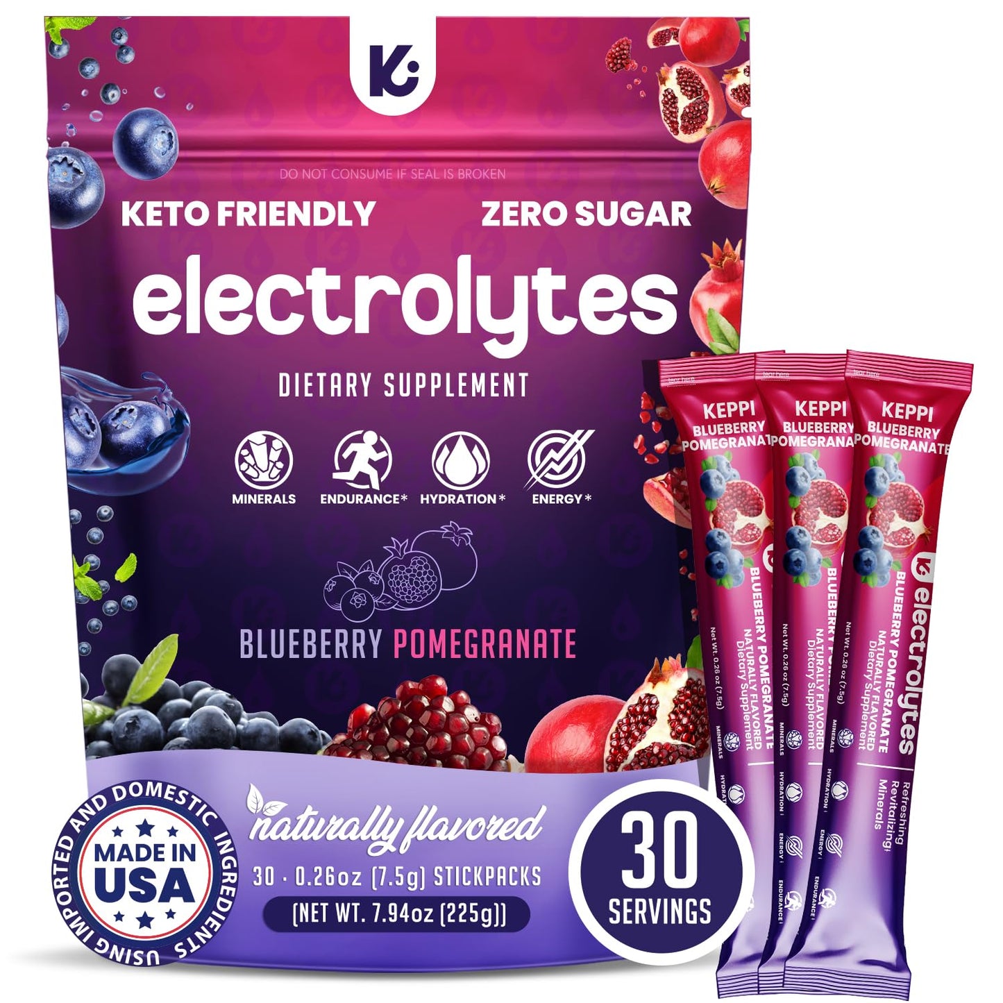 Keppi Electrolytes Powder Packets – Blueberry Pomegranate 30 Servings – No Sugar Hydration Supplement with Potassium, Magnesium, Sodium – Keto, Vegan Keppi