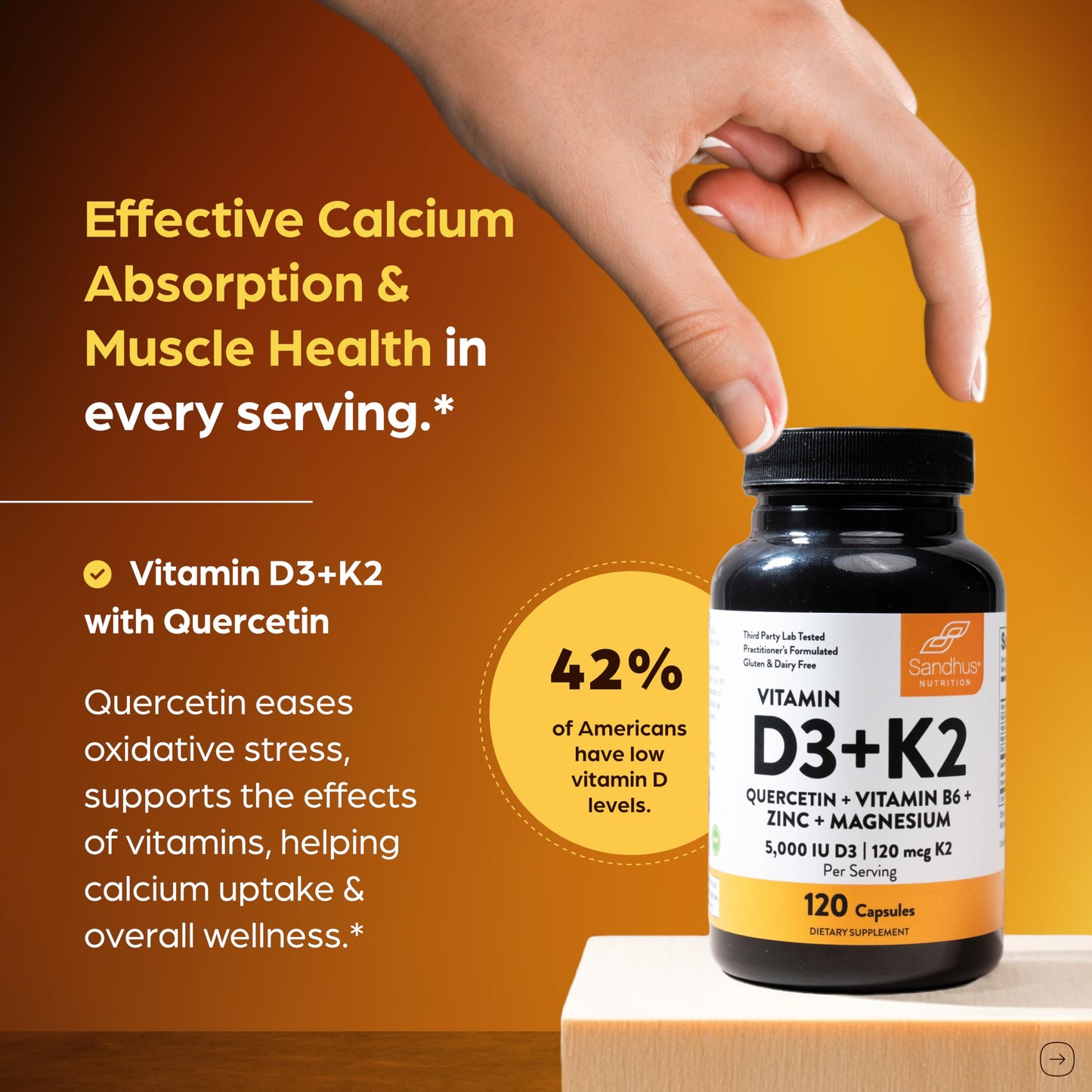 Sandhu's Vitamin D3 K2 Magnesium 5000 IU, 120mcg K2 Capsules 120 Count (Pack of 1) | with VIT B6, Zinc & Quercetin | D3K2 Supports Superior Absorption Sandhu's
