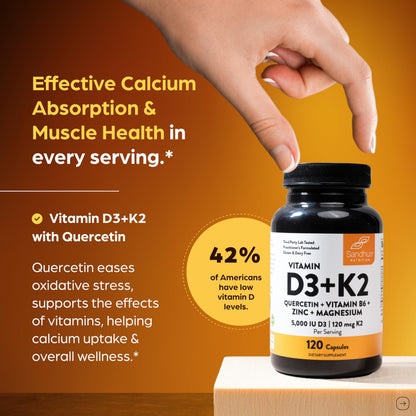 Sandhu's Vitamin D3 K2 Magnesium 5000 IU, 120mcg K2 Capsules 120 Count (Pack of 1) | with VIT B6, Zinc & Quercetin | D3K2 Supports Superior Absorption Sandhu's