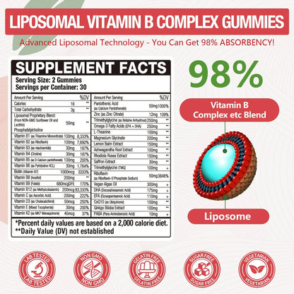 Blivsmlie 2 Pack 33-in-1 Liposomal Vitamin B Complex Gummies -B1, B2, B3, B4, B5, B6, B7, B8, B9,B12 | Vitamin C, D3,K2|Calcium,Magnesiun,Zinc etc.for Energy Blivsmlie
