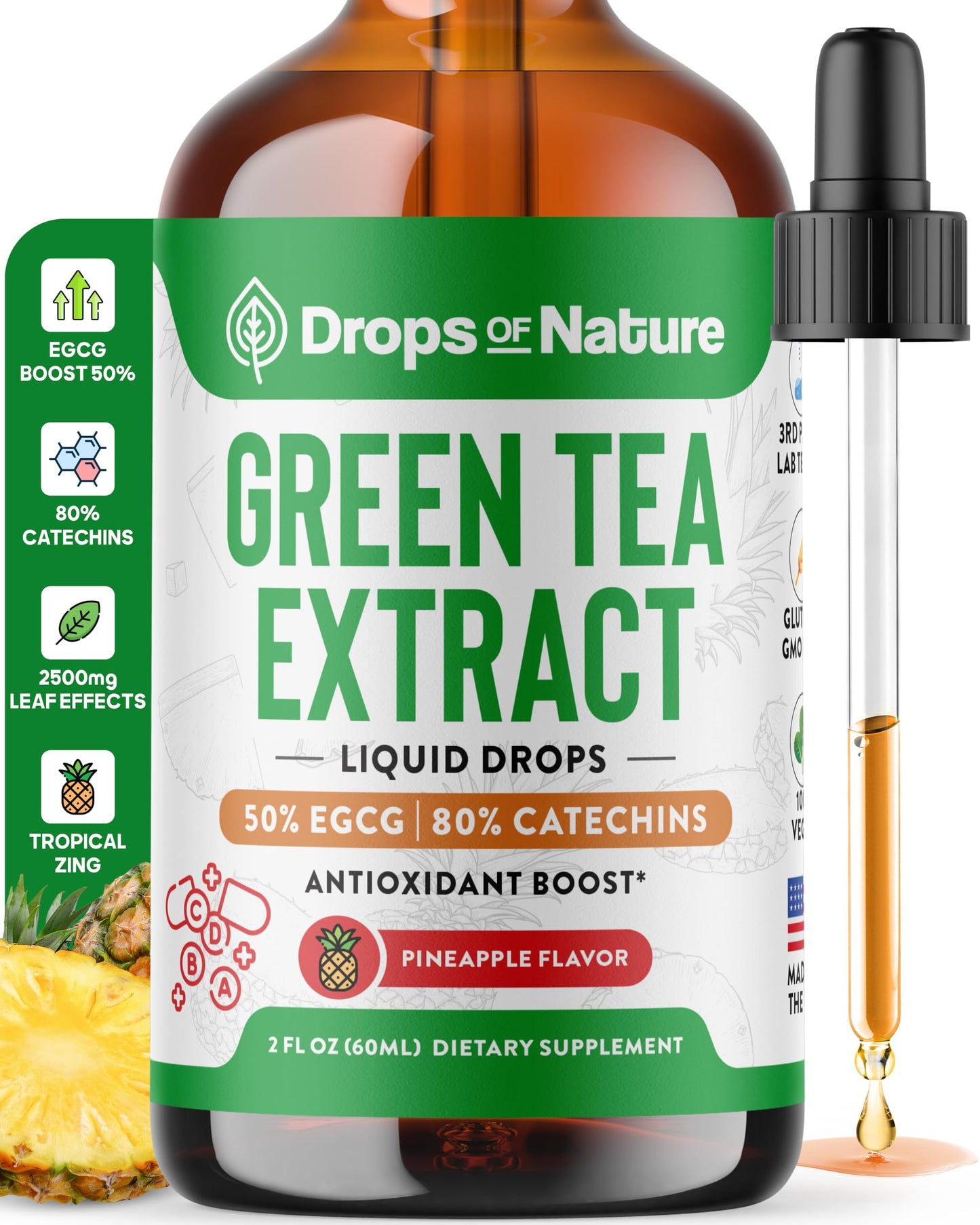 Green Tea 10:1 Extract 50% EGCG - Green Tea Liquid Drops - Vegan, 4X More Powerful Than Pills & Capsules - 2oz Antioxidant & Immune Supplement Drops Of Nature