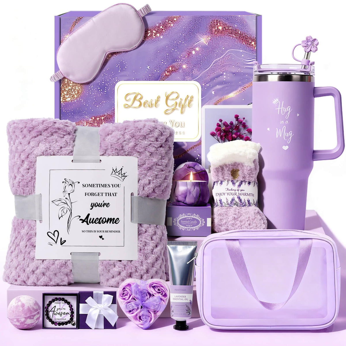 Birthday Gift for Women, Luxury Self Care Spa Gift Basket with Blanket for Mom, Wife, Sister, Friend, Girlfriend, Grandmother, Get Well Soon & Christmas gift for Her Joyvella