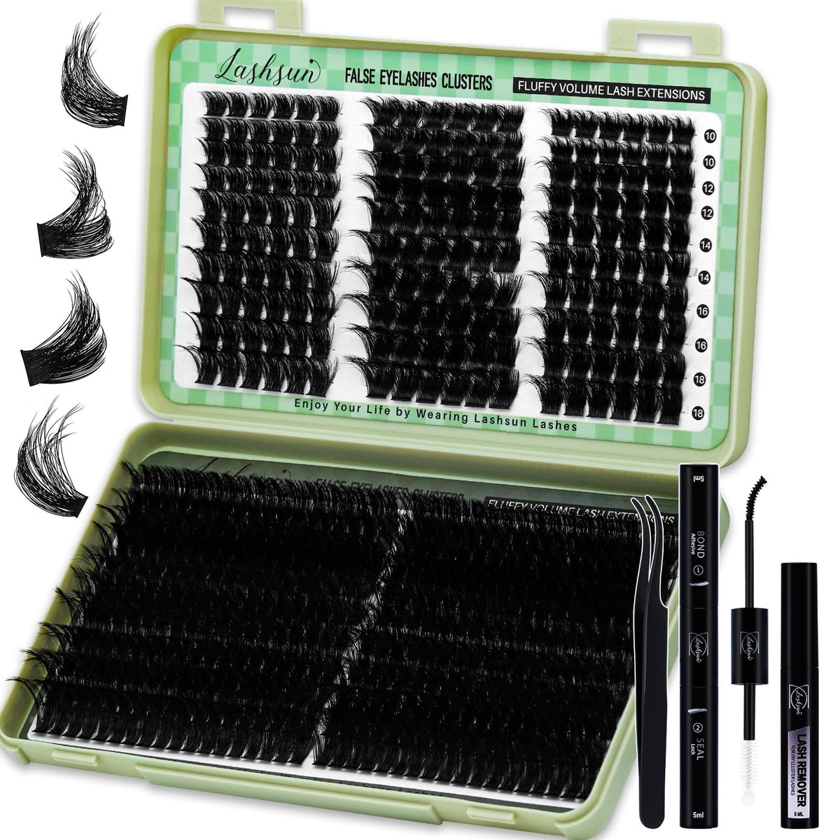 LASHSUN Lash Clusters Kit 540pcs D Curl 4 Styles 10-22mm Wispy Cluster Lashes Kit Soft and Comfortable False Eyelashes Extension Kit, DIY Long Lasting Lashes At Home (WL+200D Kit) LASHSUN