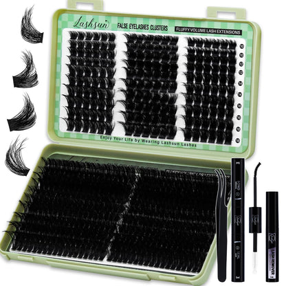 LASHSUN Lash Clusters Kit 540pcs D Curl 4 Styles 10-22mm Wispy Cluster Lashes Kit Soft and Comfortable False Eyelashes Extension Kit, DIY Long Lasting Lashes At Home (WL+200D Kit) LASHSUN