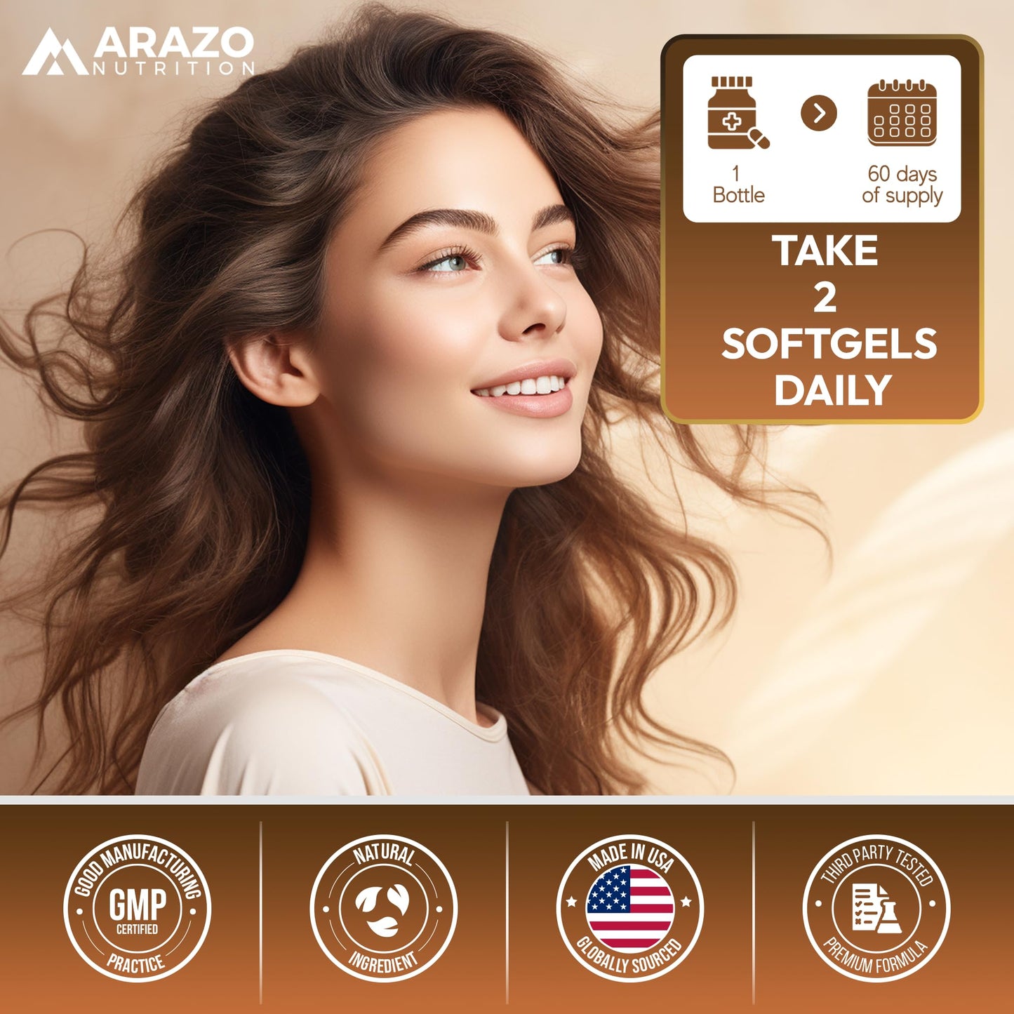 Arazo Nutrition Organic Coconut Oil 2000 MG Per Serving - 100% Extra Virgin Unrefined Cold Pressed for Weight Support, Skin, Hair, Nails - 120 Softgel Capsules Gsupps Australia
