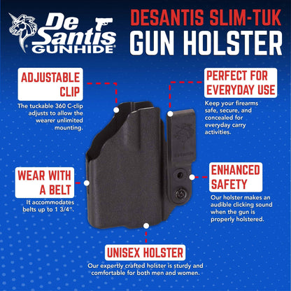 DeSantis Slim-Tuk - IWB Holster for Men and Women, Pistol Holster for Concealed Carry, Suitable for Appendix Wear, Ambidextrous, Made with Kydex, Adjustable Tension, Tuckable 360 C-Clip Gsupps Australia
