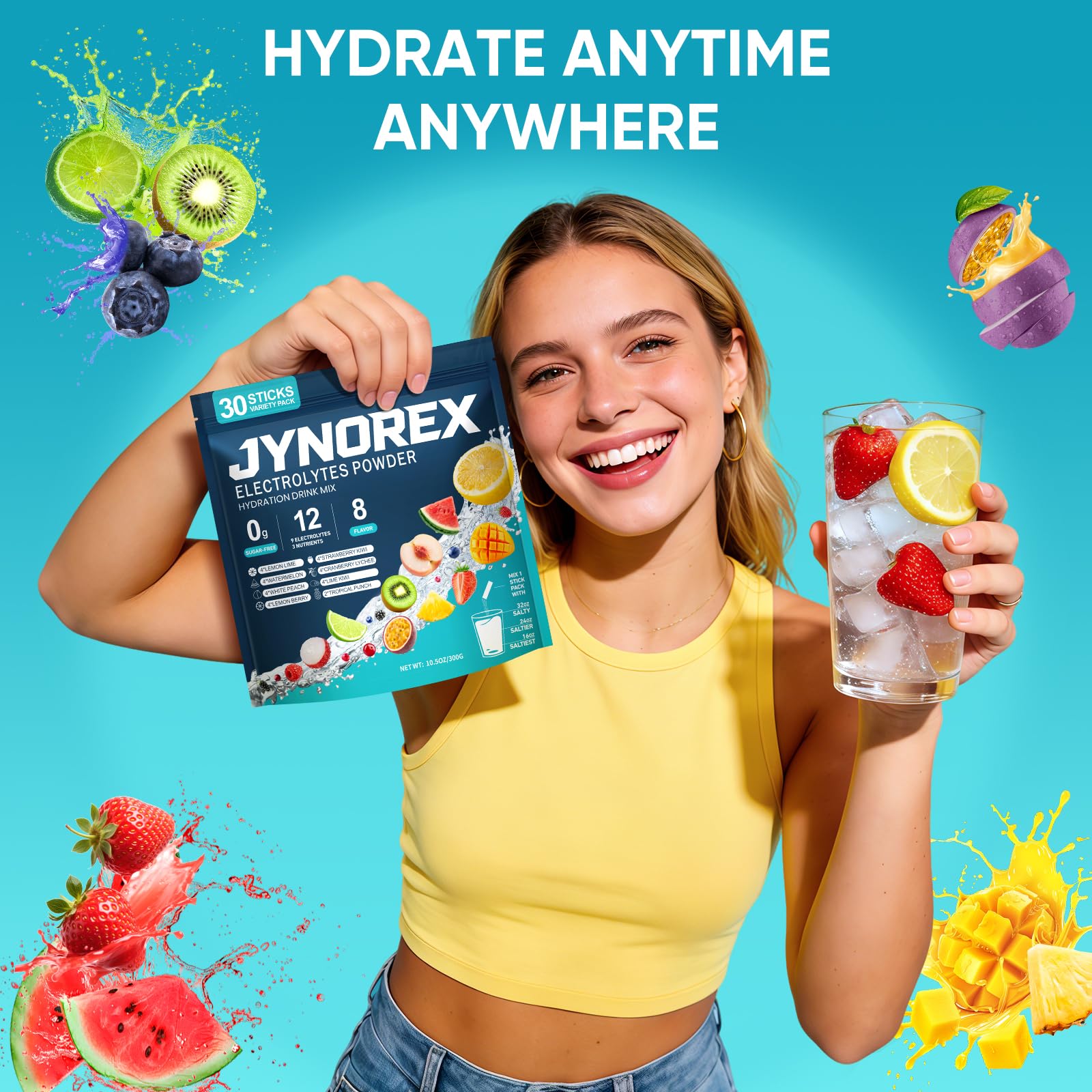 JYNOREX Electrolytes Powder Packets Sugar Free, 30 Sticks High Sodium Hydration Packets, Electrolyte Drink Mix with Lemon Lime Watermelon Peach Berry Kiwi JYNOREX buy australia supplements