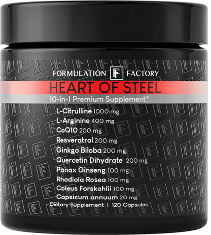 Formulation Factory Heart of Steel - L-Citrulline 1000mg with L-Arginine, CoQ10, Resveratrol, Ginkgo Biloba, Quercetin, Ginseng & Rhodiola Formulation Factory