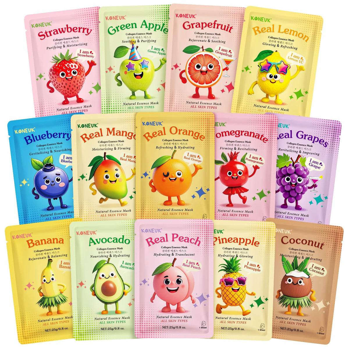 14 Pack Fruit Face Masks Skincare for Kids, Sheet Hydrating Facial Mask KONEUK