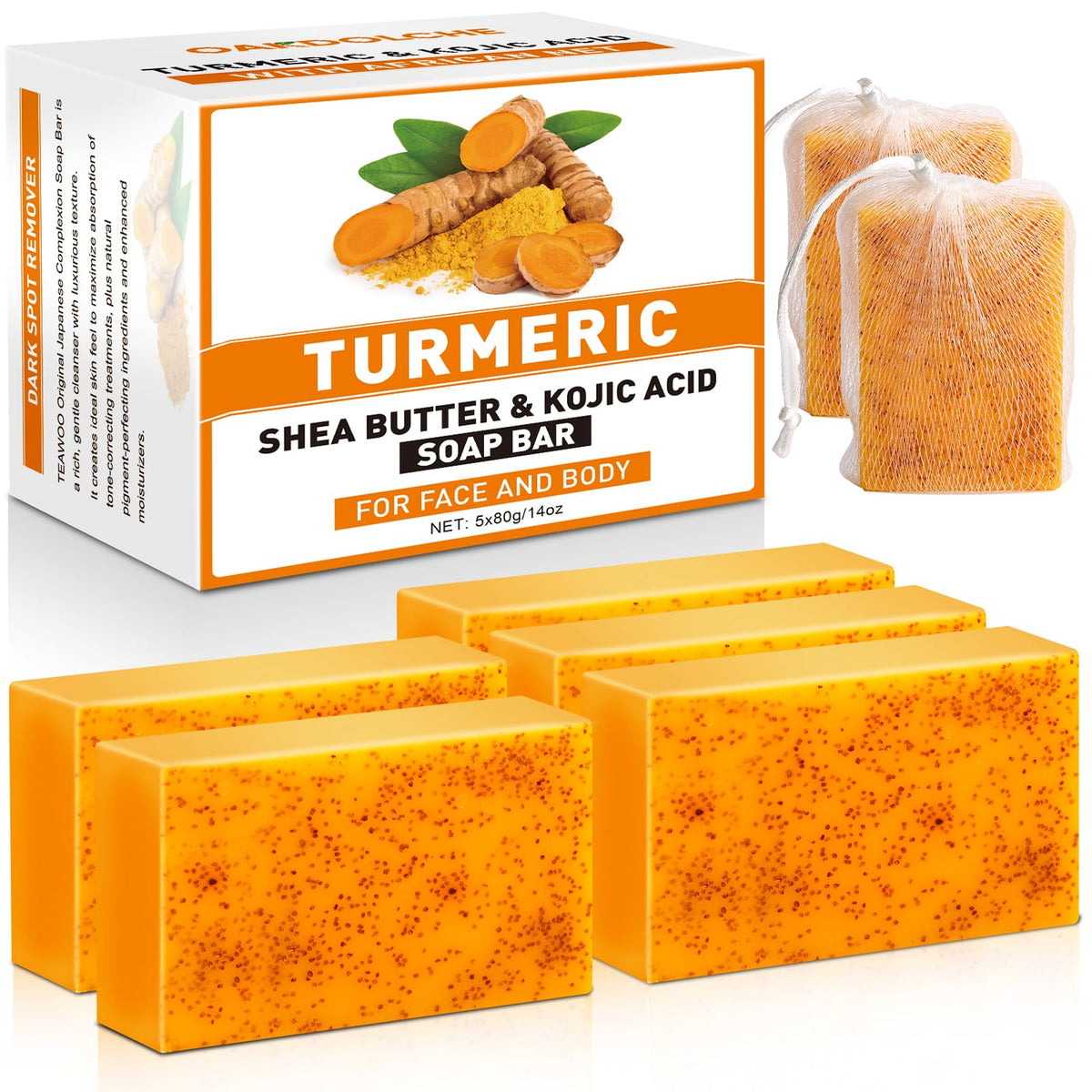 OAKDOLCHE 5 Pcs 80g Turmeric Kojic Acid Soap Bars with 2 Foaming Mesh Nets OAKDOLCHE
