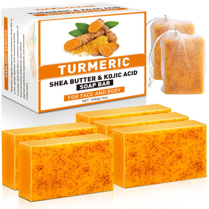 OAKDOLCHE 5 Pcs 80g Turmeric Kojic Acid Soap Bars with 2 Foaming Mesh Nets OAKDOLCHE