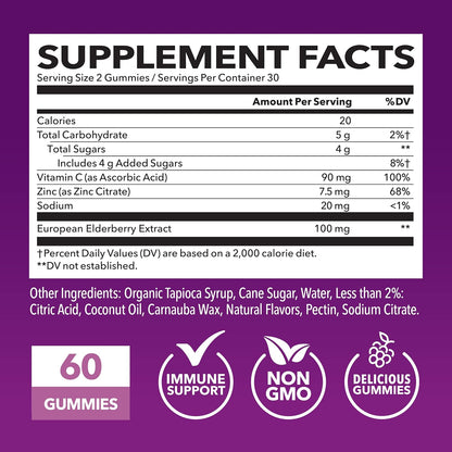 Sambucus Elderberry Gummies with Vitamin C & Zinc, Berry, 30 Servings | Vegan, Non-GMO, Gluten Free Elderberry Gummies, 100mg Extract Per Serving for Immune Support and Wellness Defense, 60 Count Gsupps Australia