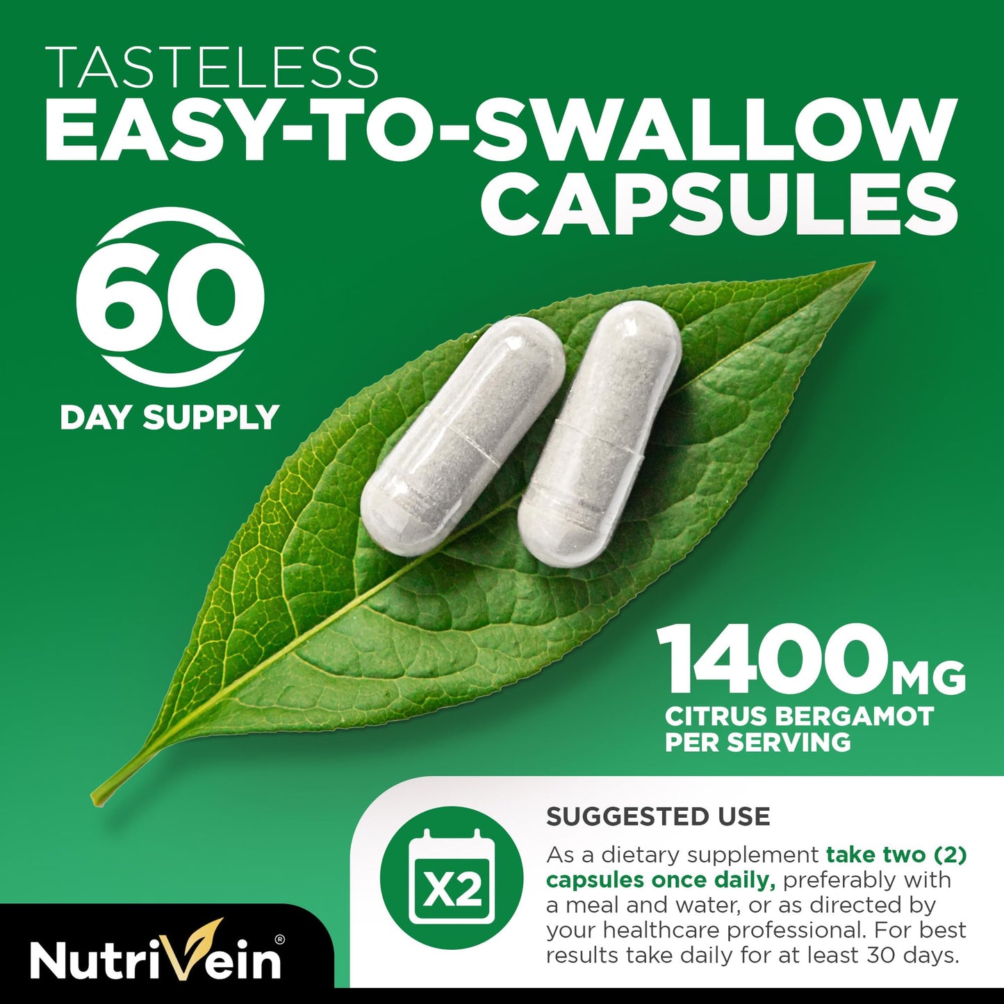 Nutrivein Premium Citrus Bergamot Supplement 1400mg 25:1 Bergamia Extract - 60 Day Supply (120 Capsules): Powerful Italian Citrus Bergamot 1400 mg+ Nutrivein