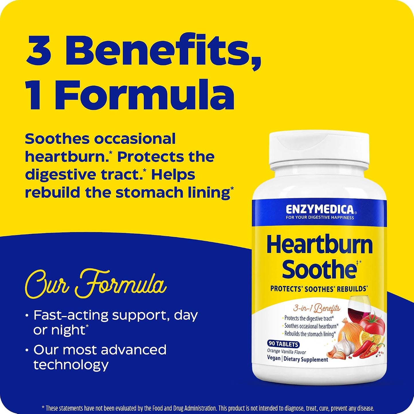 Enzymedica Heartburn Soothe Chewable Supplement - Natural Reflux & Stomach Lining Support, Balances pH Levels with Alginate, Fast-Acting Acid Support for Digestive Health, Vanilla Orange - 90 Tablets Gsupps Australia
