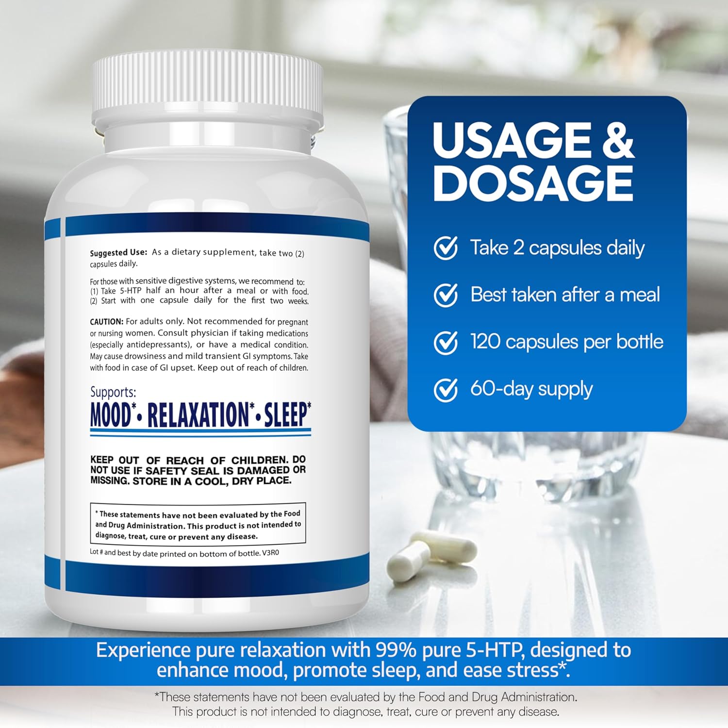 5-HTP 200 MG Per Serving Plus Calcium for Mood, Sleep – Supports Calm and Relaxed Mood – 99% High Purity – 120 Capsules – Arazo Nutrition Gsupps Australia
