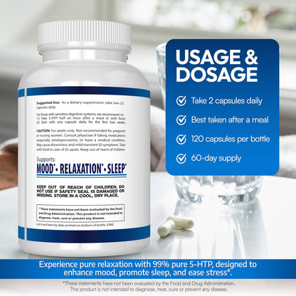 5-HTP 200 MG Per Serving Plus Calcium for Mood, Sleep – Supports Calm and Relaxed Mood – 99% High Purity – 120 Capsules – Arazo Nutrition Gsupps Australia