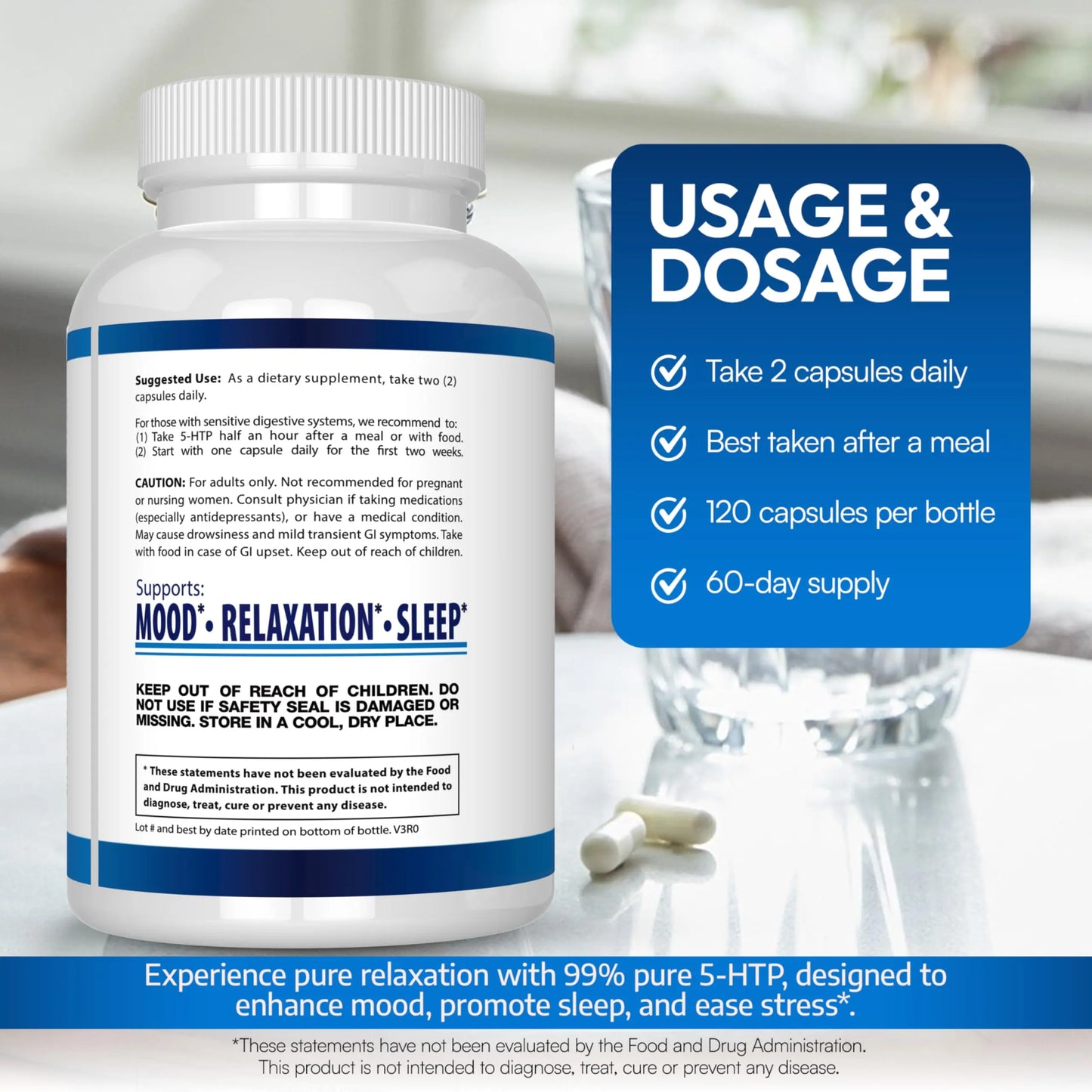 5-HTP 200 MG Per Serving Plus Calcium for Mood, Sleep – Supports Calm and Relaxed Mood – 99% High Purity – 120 Capsules – Arazo Nutrition Arazo Nutrition