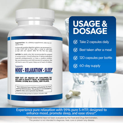 5-HTP 200 MG Per Serving Plus Calcium for Mood, Sleep – Supports Calm and Relaxed Mood – 99% High Purity – 120 Capsules – Arazo Nutrition Arazo Nutrition