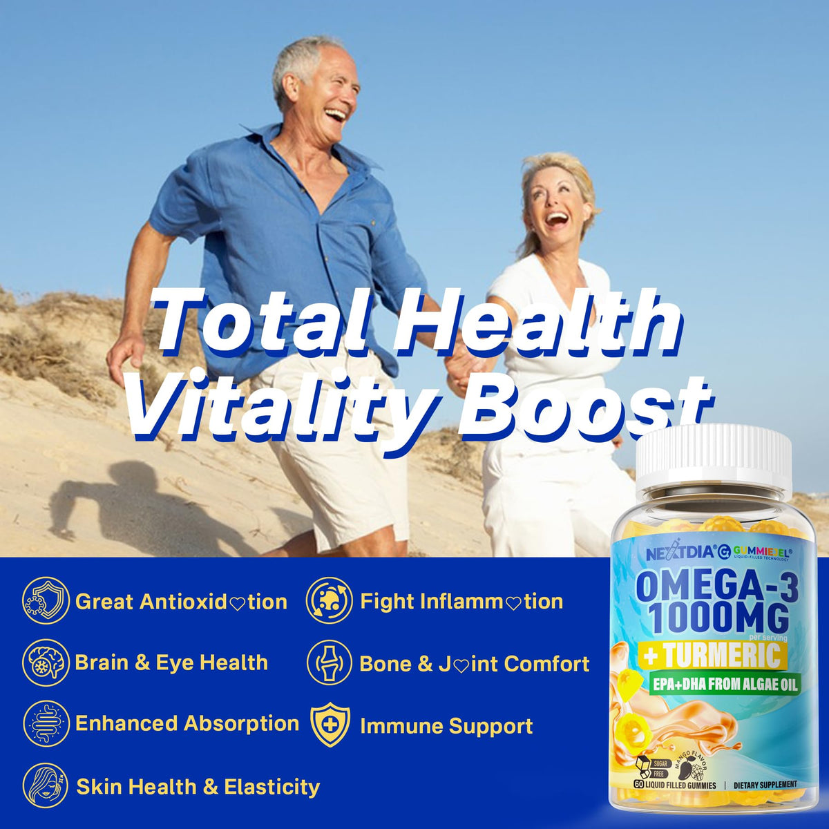 Vegan Omega-3 Gummies 1000mg + Turmeric - Omega 3 Fish Oil Alternative for Adults - Algae DHA 600mg & EPA 300mg Nextdia