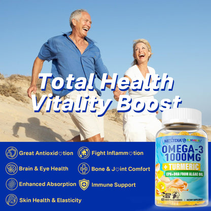 Vegan Omega-3 Gummies 1000mg + Turmeric - Omega 3 Fish Oil Alternative for Adults - Algae DHA 600mg & EPA 300mg Nextdia