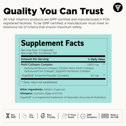 Vital Vitamins Multi Collagen Peptides Complex for Women & Men, 150 Pills | Supports Skin, Hair & Nails, 5 Collagen Types I II III V & X, Grass-Fed Non-GMO Collagen Supplements Gsupps Australia