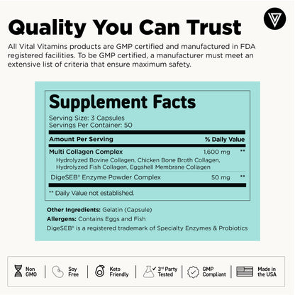 Vital Vitamins Multi Collagen Peptides Complex for Women & Men, 150 Pills | Supports Skin, Hair & Nails, 5 Collagen Types I II III V & X, Grass-Fed Non-GMO Collagen Supplements Gsupps Australia
