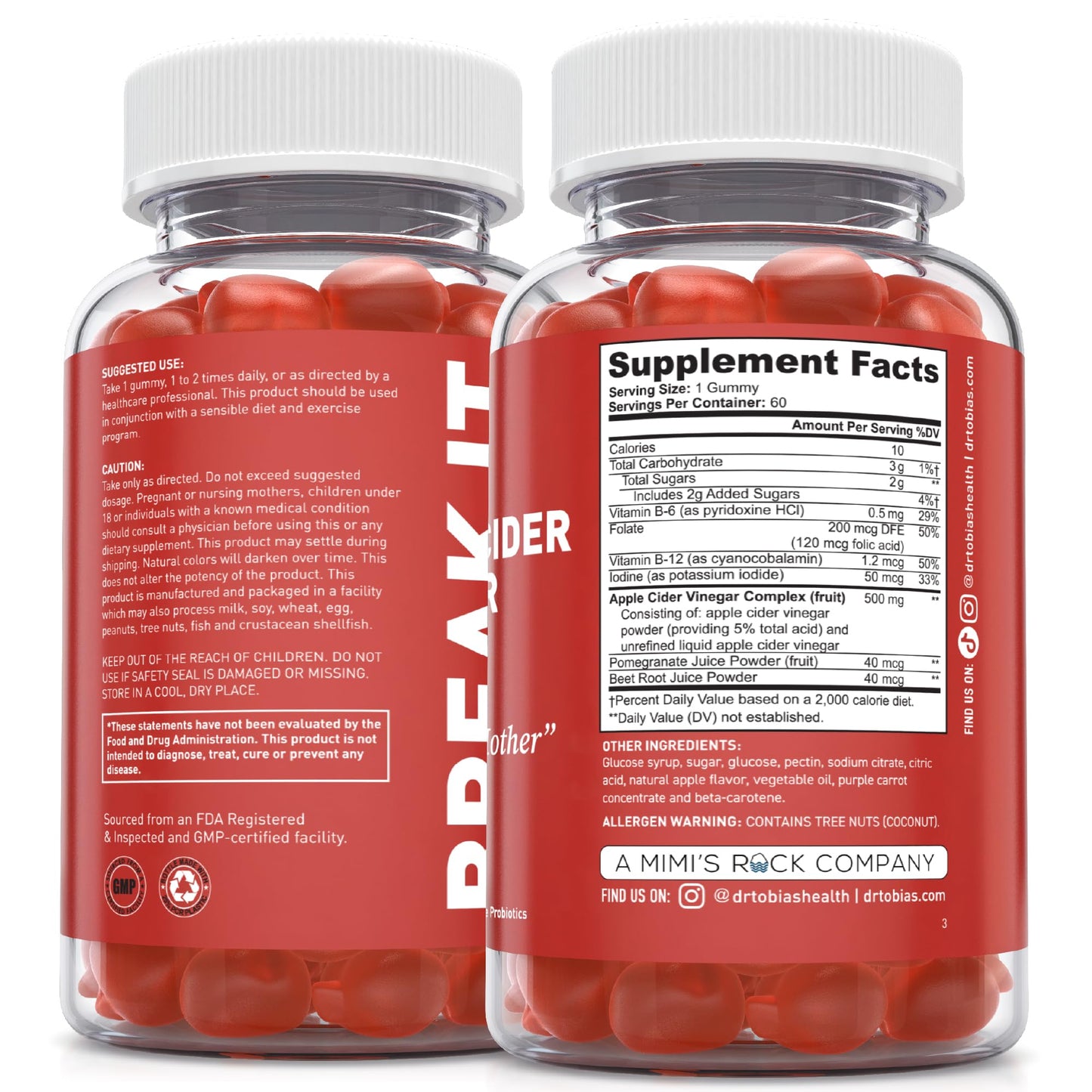 Dr. Tobias Apple Cider Vinegar Gummies with The Mother - 500mg ACV Per Serving, Plus Folate, B6, B12 & Iodine | Supports Digestive Health Gut Cleanse & Detox - Vegan (60 Gummies)