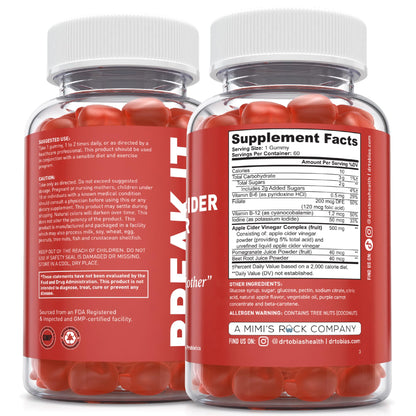 Dr. Tobias Apple Cider Vinegar Gummies with The Mother - 500mg ACV Per Serving, Plus Folate, B6, B12 & Iodine | Supports Digestive Health Gut Cleanse & Detox - Vegan (60 Gummies)