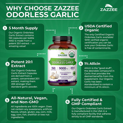 Zazzee USDA Organic Odorless Garlic 20:1 Extract, 1% Allicin, 100 Capsules | Vegan, 3+ Month Supply, Allium Sativum, Immune, Circulation & Heart Health Support, All-Natural, Non-GMO, Made in the USA Gsupps Australia