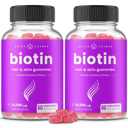 NutraChamps (2 Pack) Biotin Gummies 10,000mcg [High Potency] for Healthy Hair, Skin & Nails for Adults & Kids - 5000mcg in Each Gummy Vitamin - Vegan, Non-GMO NutraChamps