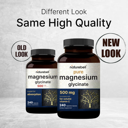Naturebell Pure Magnesium Glycinate 500mg, 240 Veggie Capsules | 100% Chelated & Purified – 3rd Party Tested, Vegan Friendly, Non-GMO, Filler Free NatureBell