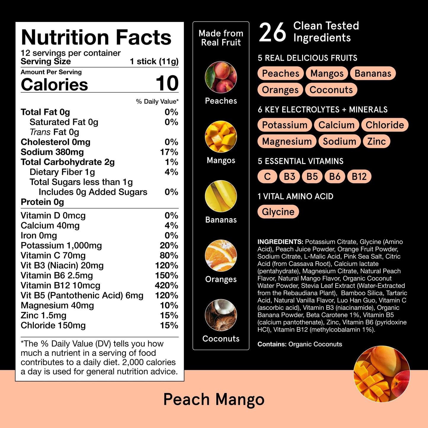 DryWater Electrolyte Powder Packets, Peach Mango - Hydration Packets Drink Mix with Zero Added Sugar for Rehydration & Energy - 6 Key Electrolytes DryWater