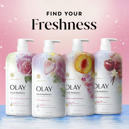 Olay Body Wash for Women, Fresh Radiance, 24/7 Skin-Loving Freshness, Visibly Radiant, Plant Based Cleansers, Vitamin B3 & Antioxidant Blend, For All Skin Types, Strawberry & Mint Scent, 29 fl oz Olay