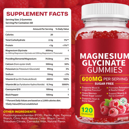 Magnesium Glycinate Gummies 600mg – Sugar-Free High Absorption Magnesium with L-Threonate, Supports Relaxation, Calm & Restful Sleep, Pegciz