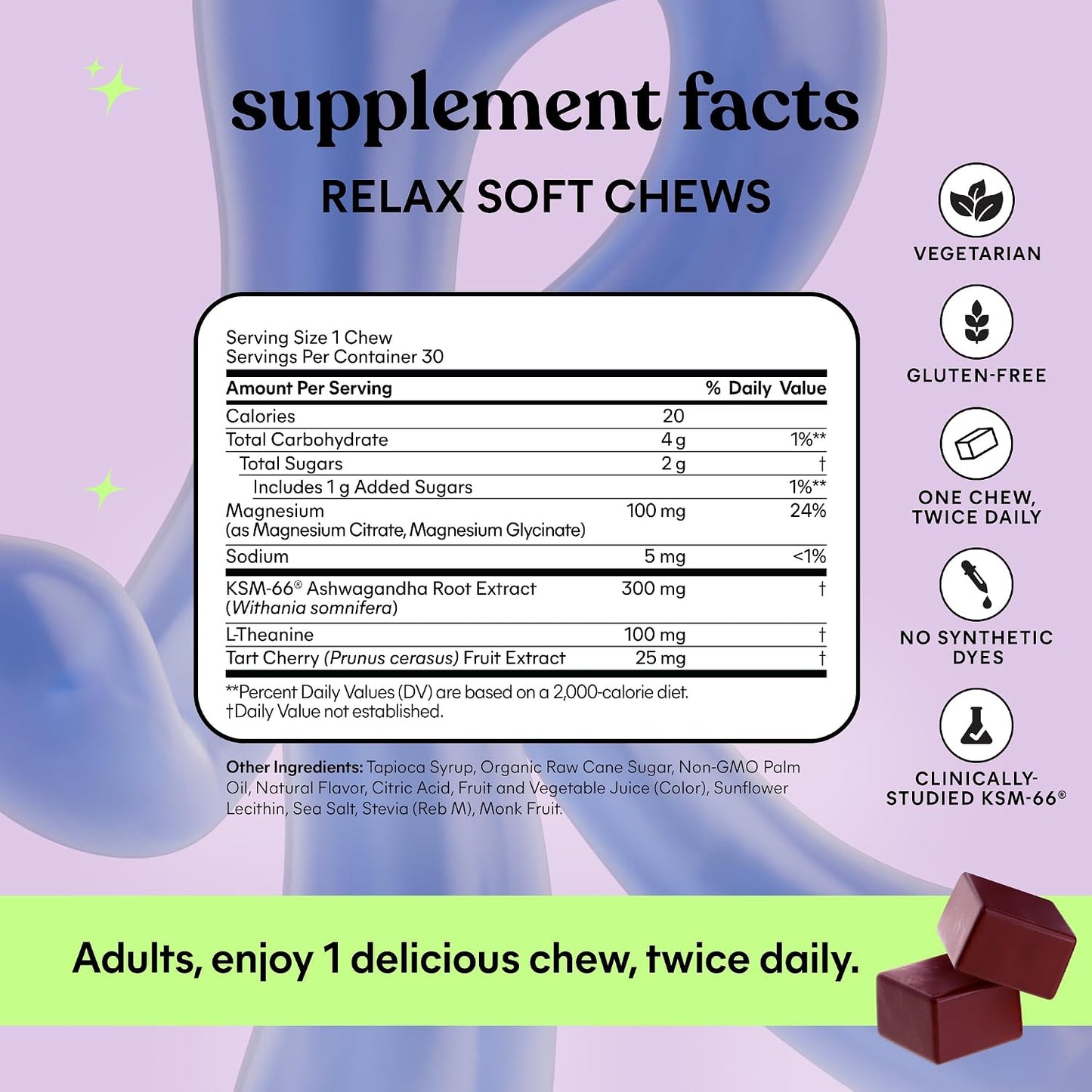 Lemme Relax Soft Chews with Magnesium Glycinate & Citrate, KSM-66 Ashwagandha + L-Theanine to Support Stress Relief, Cortisol Levels, Mood & Healthy Sleep Cycles, BlackBerry Lemonade (30 Chews)