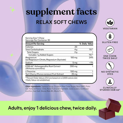 Lemme Relax Soft Chews with Magnesium Glycinate & Citrate, KSM-66 Ashwagandha + L-Theanine to Support Stress Relief, Cortisol Levels, Mood & Healthy Sleep Cycles, BlackBerry Lemonade (30 Chews)