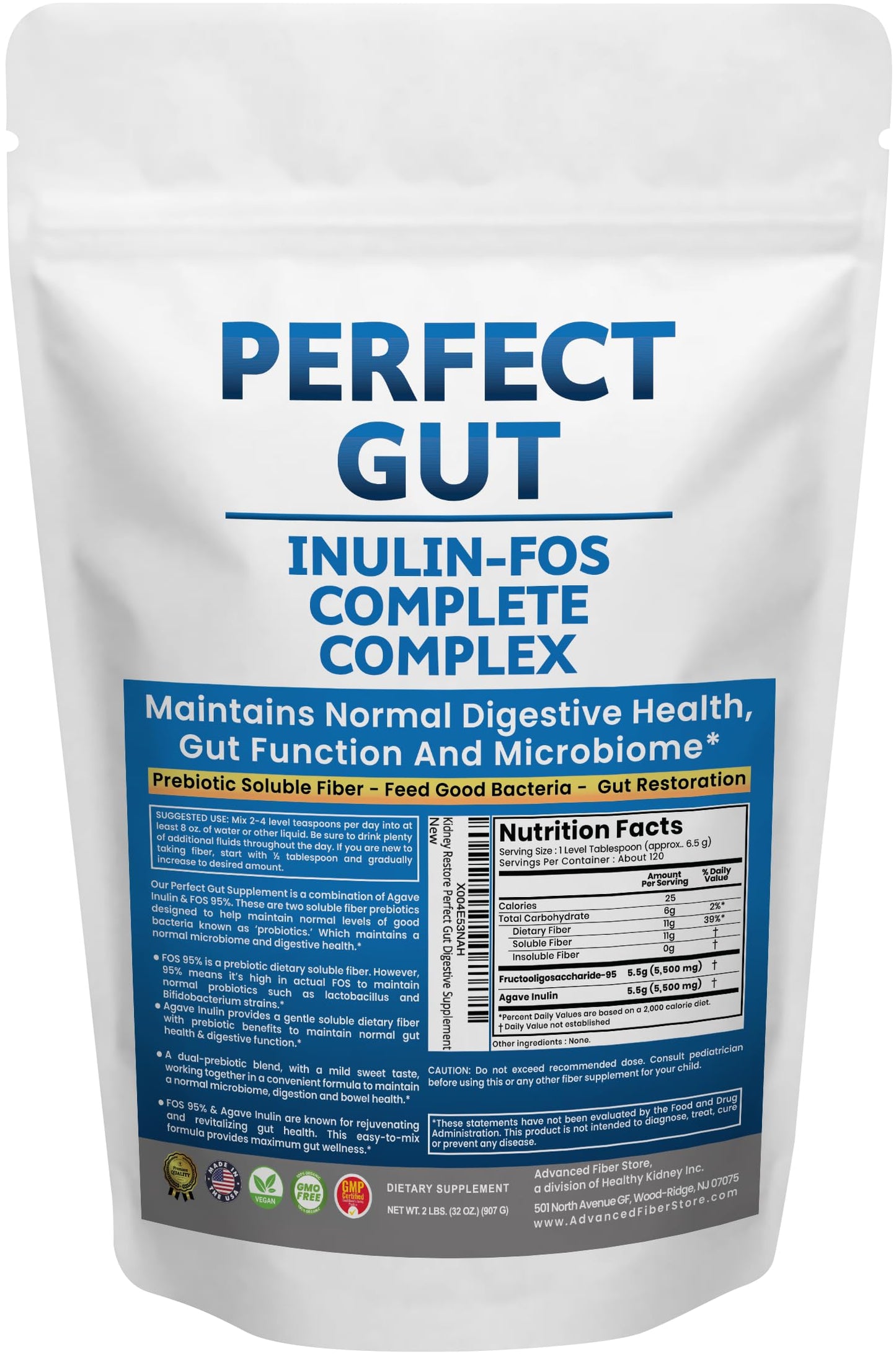 Perfect Gut: Inulin FOS Powder for Gut Health. Prebiotic Inulin. Unique Prebiotic 95% FOS Inulin Agave Fiber Kidney Restore