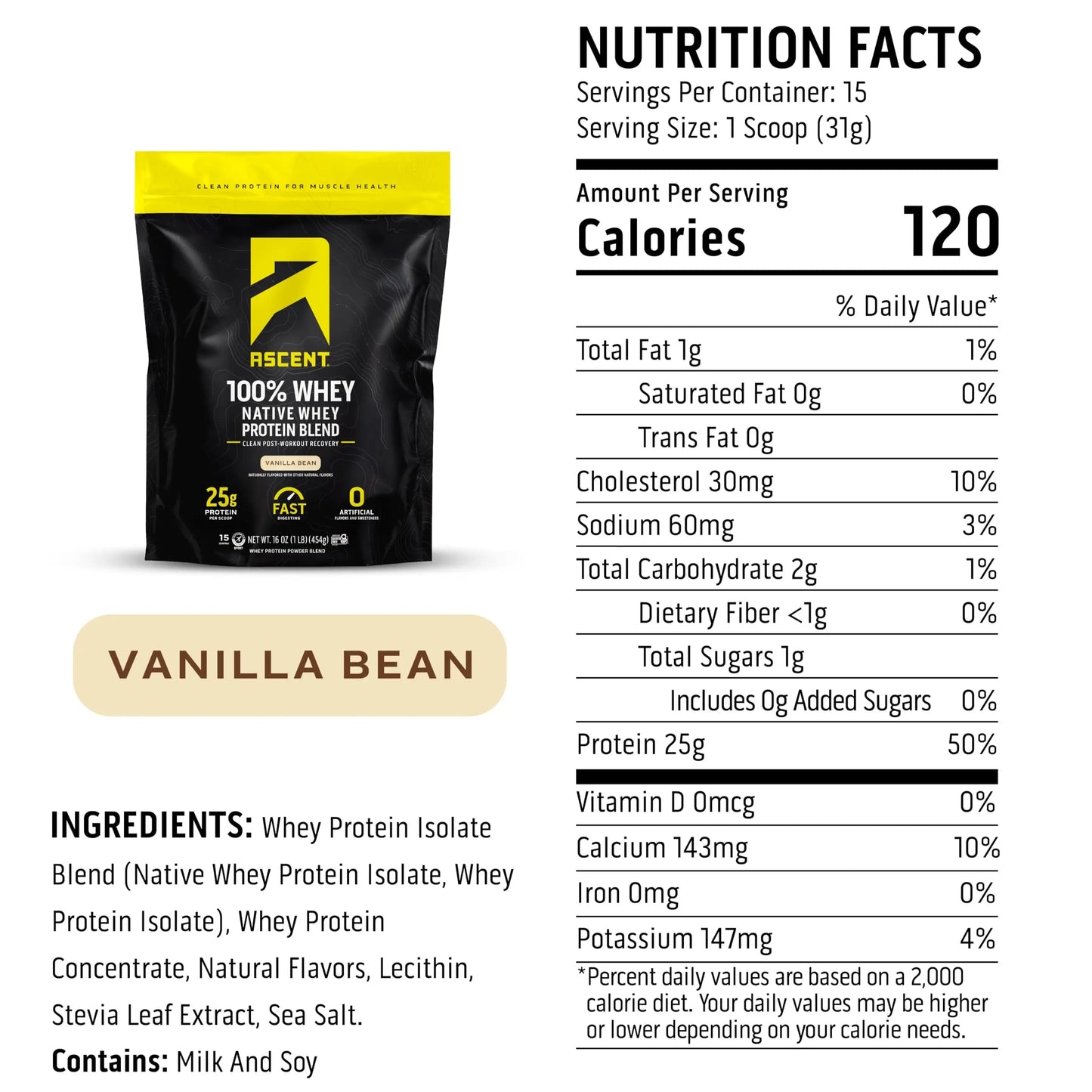 Ascent 100% Whey Protein Powder - Post Workout Whey Protein Isolate, Zero Artificial Flavors & Sweeteners, Gluten Free, 5.5g BCAA, Ascent