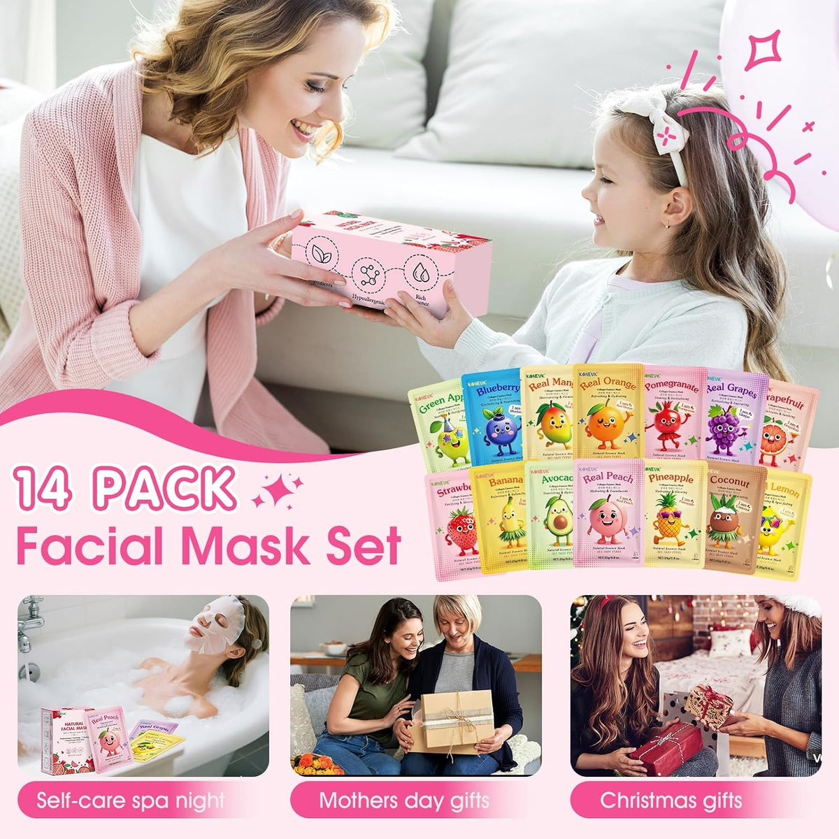 14 Pack Fruit Face Masks Skincare for Kids, Sheet Hydrating Facial Mask KONEUK